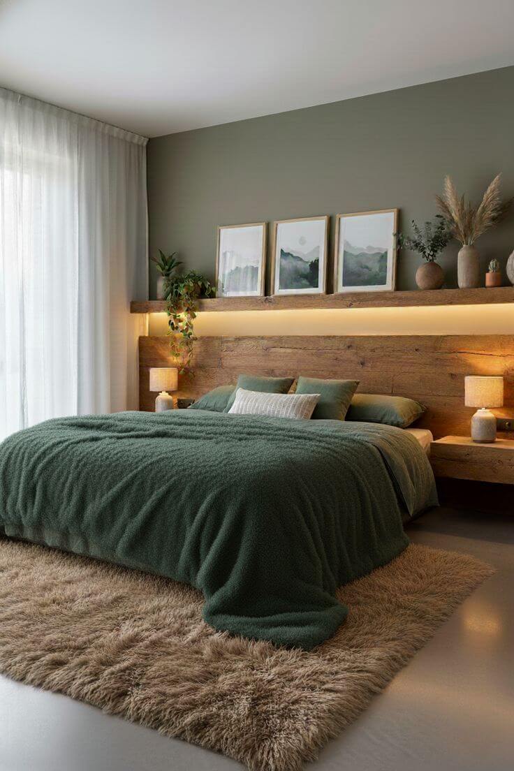 Quarto aconchegante com parede verde sálvia, cabeceira de madeira e roupa de cama verde